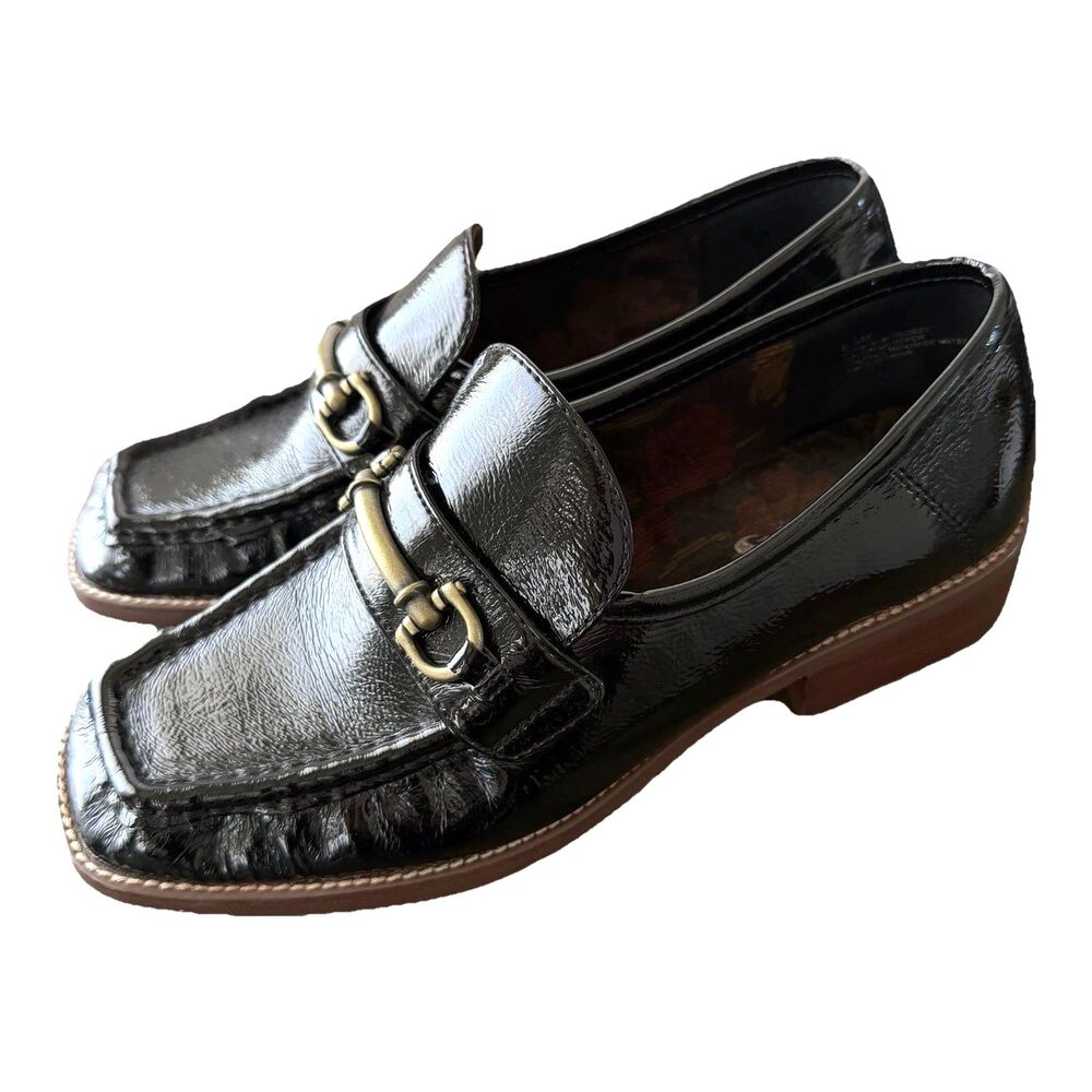 Korks Florence Bit Loafers Women Size 8.5M Black Patent Brass Horsebit Detail - Picture 2 of 7